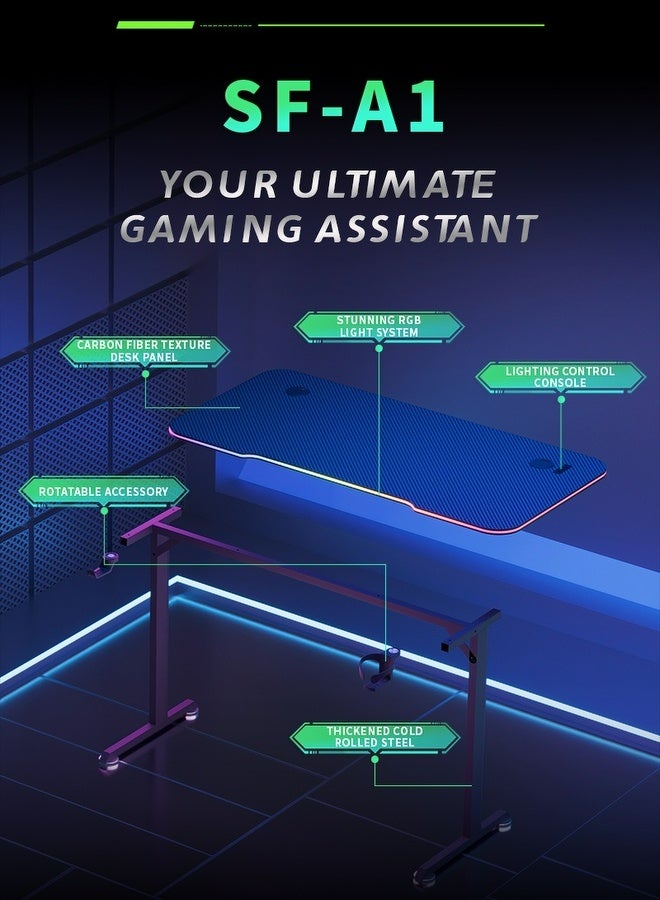 AOR Esports مكتب ألعاب مزود بإضاءة RGB على وحدة التحكم المكتبية، خطافات للسماعات، حامل أكواب وصندوق مقبس، مصنوع من ألياف الكربون، حجم سطح المكتب L120 * W60 سم، ارتفاع 73 سم، مكتب كمبيوتر أسود - Image 3